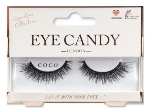 Falsche Wimpern in einer Verpackung mit weißem und rosa Etikett.