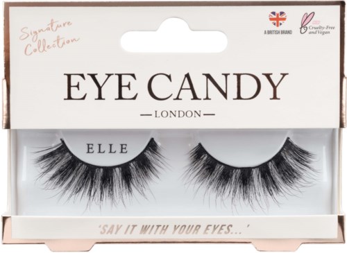 Künstliche Wimpern in einer Schachtel mit der Aufschrift 'Eye Candy London' und cruelty-free und veganen Symbolen.