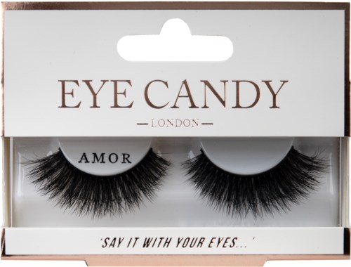 Schachtel mit Wimpern, gekennzeichnet 'EYE CANDY LONDON' mit dem Slogan 'SAY IT WITH YOUR EYES...'.