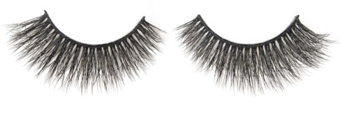 Ein Paar falsche Wimpern auf schwarzem und weißem Hintergrund, mit rosa Band darüber.