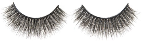Künstliche Wimpern mit dichten, langen und buschigen Strähnen vor schwarzem Hintergrund.