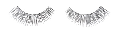 A pair of long, thick false eyelashes on a white background, with a black strip above and below.