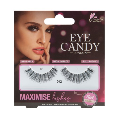 Förpackning med återanvändbara, kraftfulla, fylliga ögonfransar, märkt 'MAXIMISE lashes,' och ett kvinnligt ansikte på förpackningen.