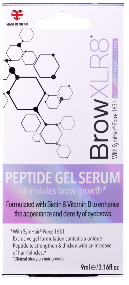 En förpackning med Peptide Gel Serum för bryn med en molekylstruktur, text om ögonbryns tillväxt och ingredienser, tillverkad i Storbritannien.