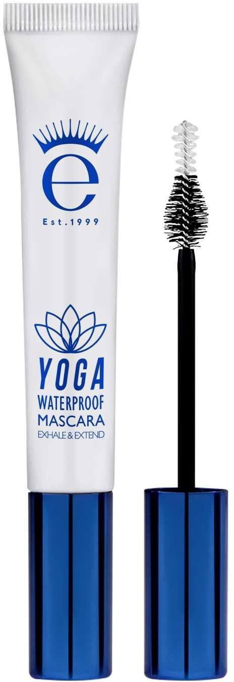 En hvit og blå tube med vanntett mascara med børste, merket 'YOGA' og 'Exhale & Extend.'