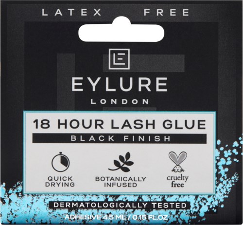 Svart ögonfranslim eller förpackning med blå glitter, nämner att den är latexfri, snabbtorkande, botaniskt infuserad och cruelty-free.