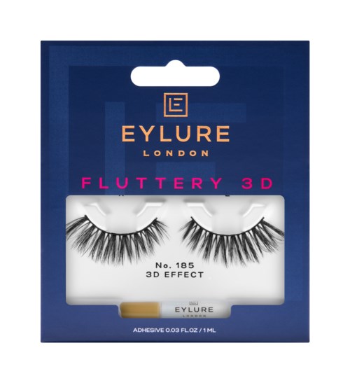Falska ögonfransar i en låda, märkt 'Eylure London Fluttery 3D'.
