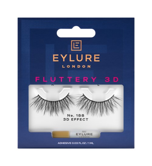 Falska ögonfransar med 3D-effekt i förpackning från Eylure London. Ljus och stilren design.