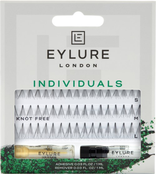 EyLure London yksilölliset ripset, solmuttomat, pakkauksessa liima ja poistoaine. Vihreä ja musta teksti.