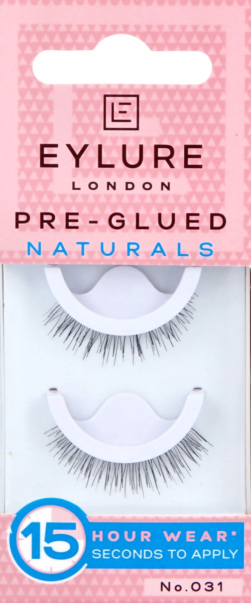 A box of false eyelashes labeled Eylure London, pre-glued, for natural look, with 15-hour wear time.
