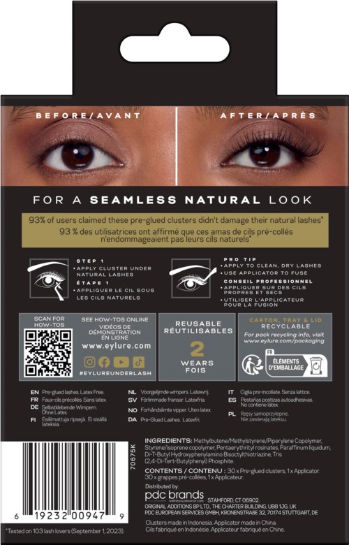 Vorher- und Nachbilder von Augen mit natürlichem, nahtlosem Wimpernlook, Anleitung zur Anwendung von vorgeklemmten Wimpernclustern.