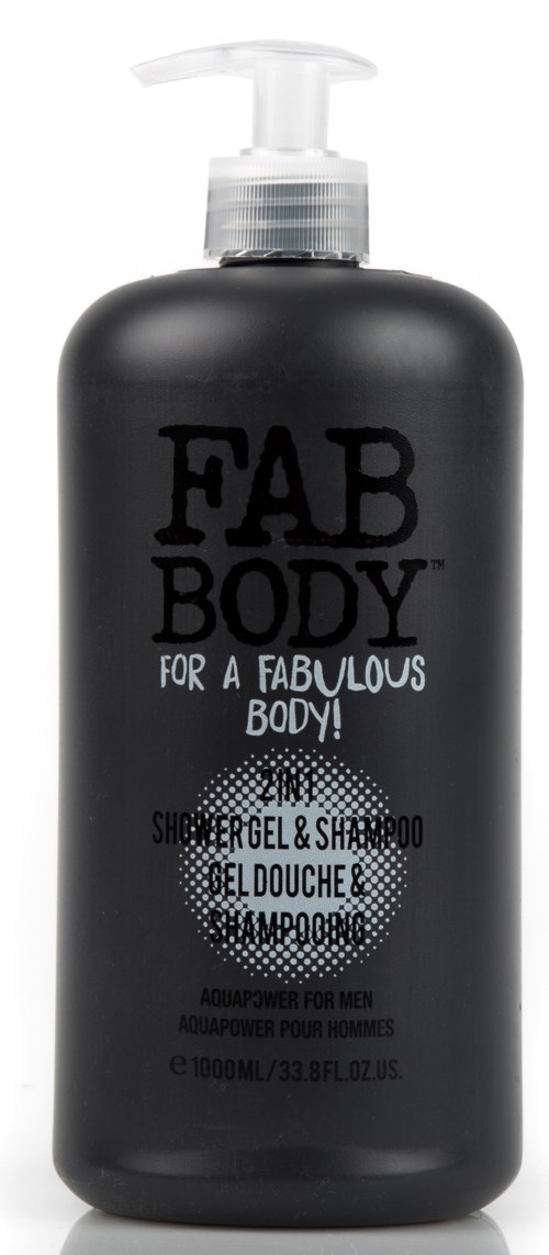 Svart flaska med vit pump, märkt FAB BODY, duschg gel och schampo för män, 100 ml. Enkel och elegant design.