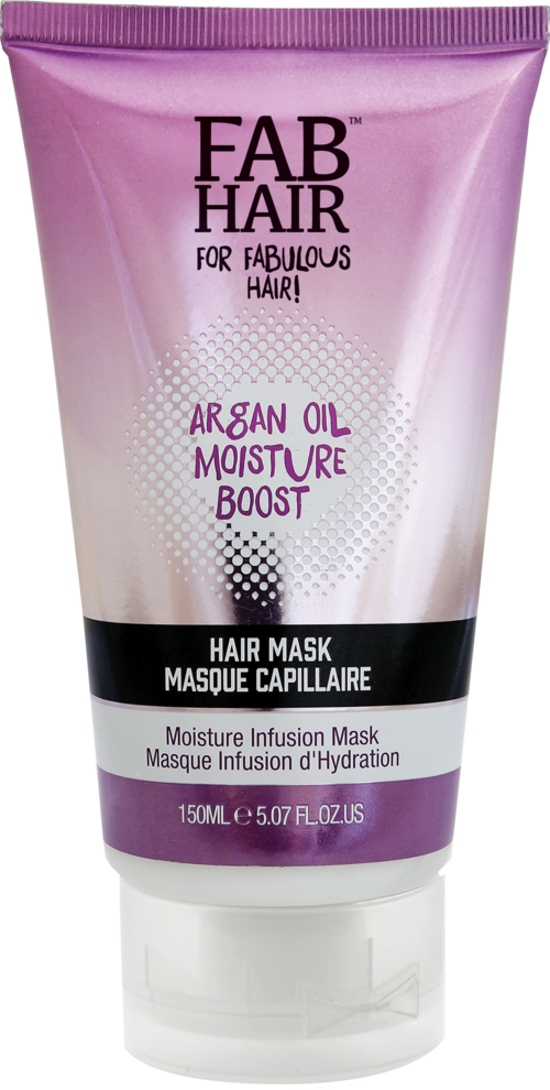 Lila och vit tub av hårmask med svart band, märkt FAB HAIR, Argan Oil, Moisture Boost, 150ml.