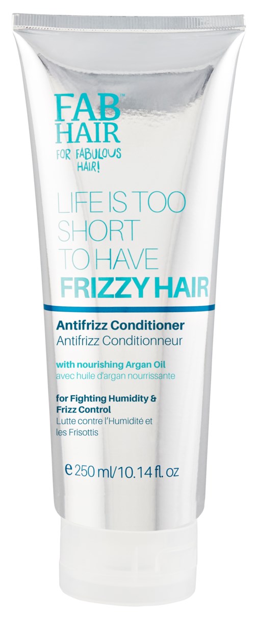 Dette er en hvit tube med anti-frizz balsam med blå og svart tekst, inneholder 250 ml for å kontrollere fuktighet og krusete hår.