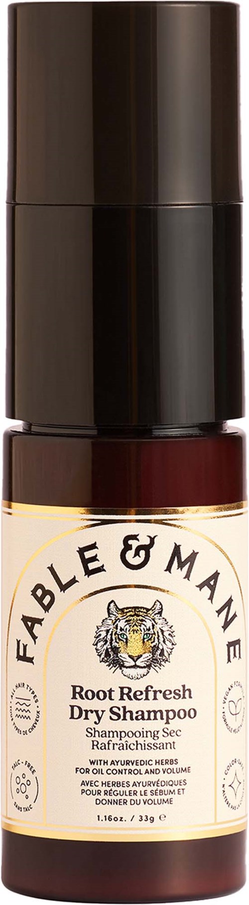 A small bottle of Fable & Mane Root Refresh Dry Shampoo with a black cap and beige label featuring a tiger logo.