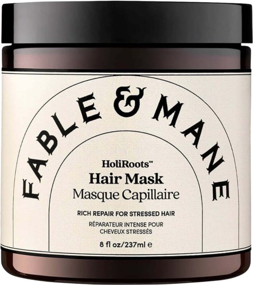 A hair mask jar with a black lid and a label reading Feable & Mâne Hair Mask for stressed hair, 8 fl oz.