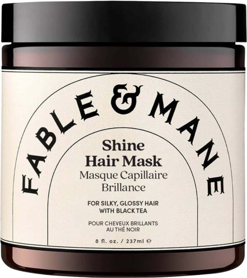 Fable & Man Shine Hair Mask in a black jar with white label, designed for glossy hair with black tea. 237 ml.
