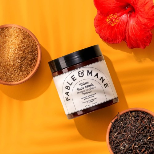 Fable & Mane Shine Hair Mask in a jar with two small bowls of ingredients, red flower nearby, on bright yellow background.