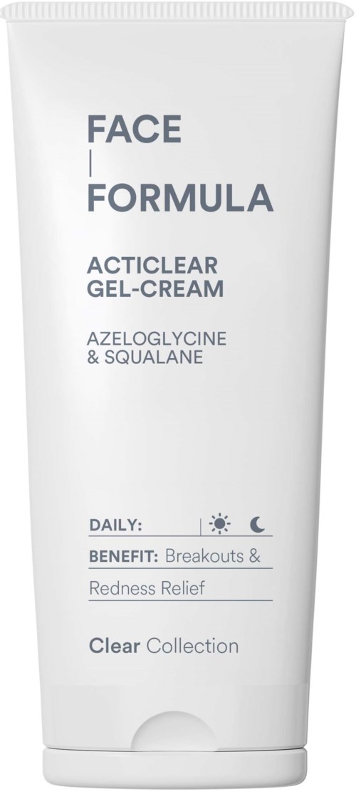 Eine weiße Tube mit Gesichts-Gel-Creme und Text über Inhaltsstoffe und Hautvorteile.