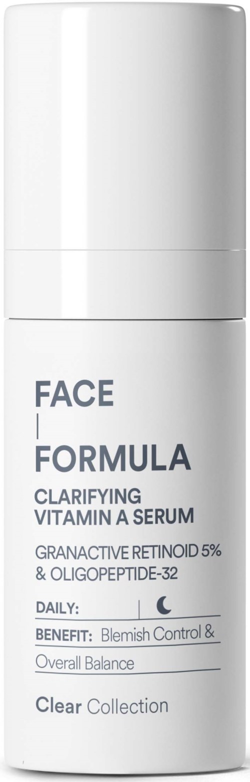 A white bottle of face serum with label details about ingredients and benefits.