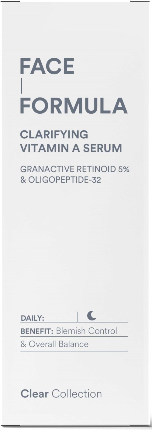 A skincare product box for face serum with vitamin clarifying formula and benefits for blemish control.