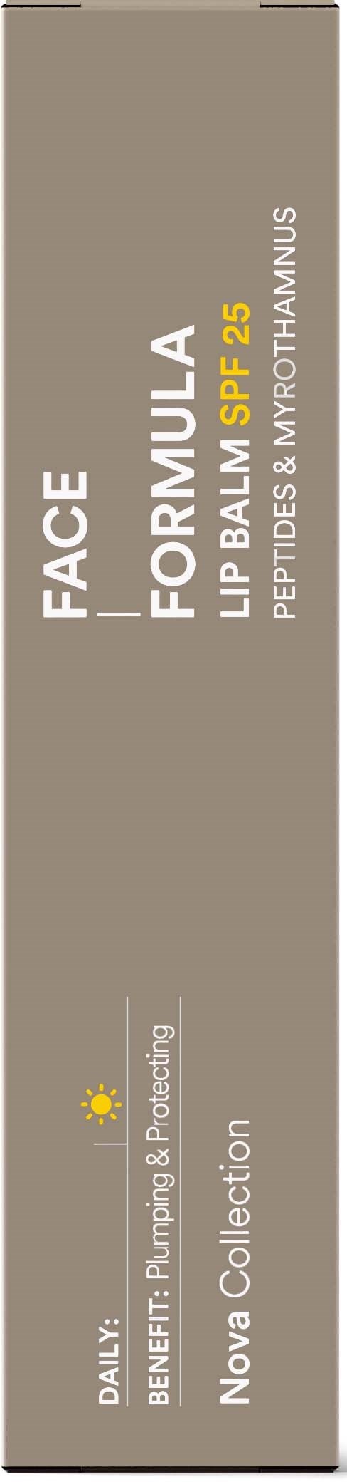 Pudełko produktu do pielęgnacji skóry oznaczone Face Formula A SPF 25, zawiera balsam do ust, peptydy i myrthaminus. Dailily i Nova Collection.