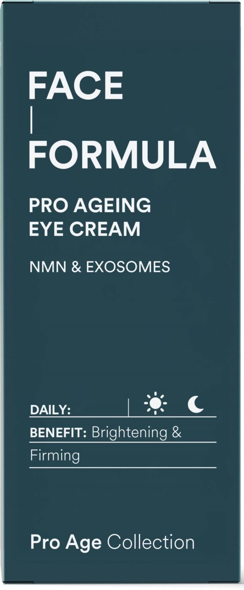 En mørk blå eske med hvit tekst som promoterer ansiktskrem for anti-aldring, lysere hud og fasthet, del av Pro Age Collection.