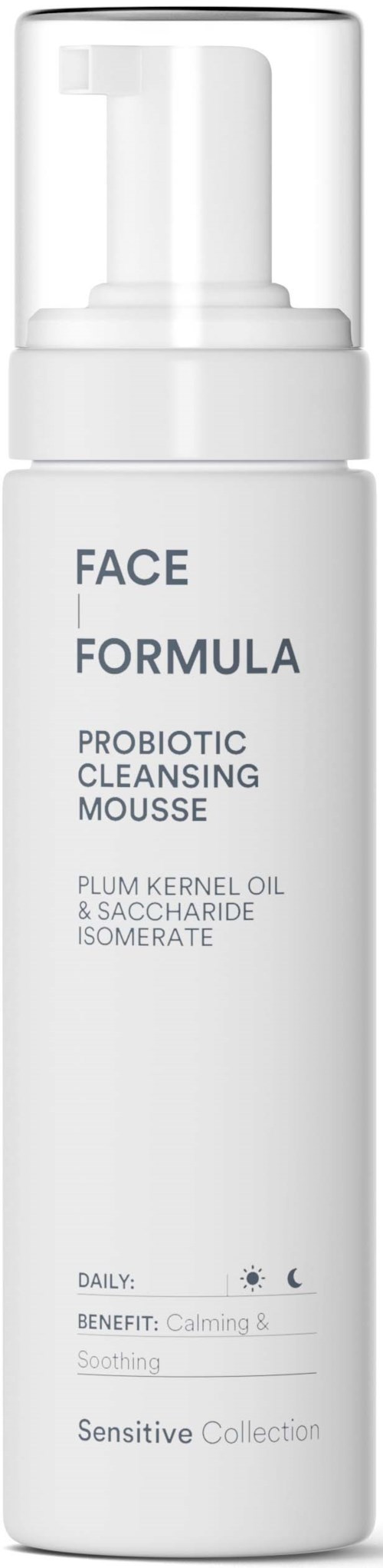 Een witte fles met label Face Formula Probiotic Cleansing Mousse met een pomp, bevat ingrediënten zoals pruimenpitolie.