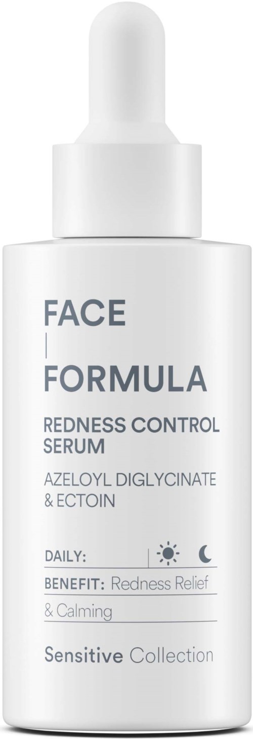Biała butelka z pipetą, oznaczona Face Formula Redness Control Serum dla wrażliwej skóry.