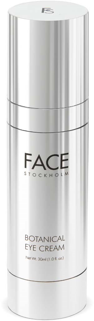 Eine silberne zylindrische Flasche mit schwarzen Text, gekennzeichnet als face botanical eye cream aus Stockholm.