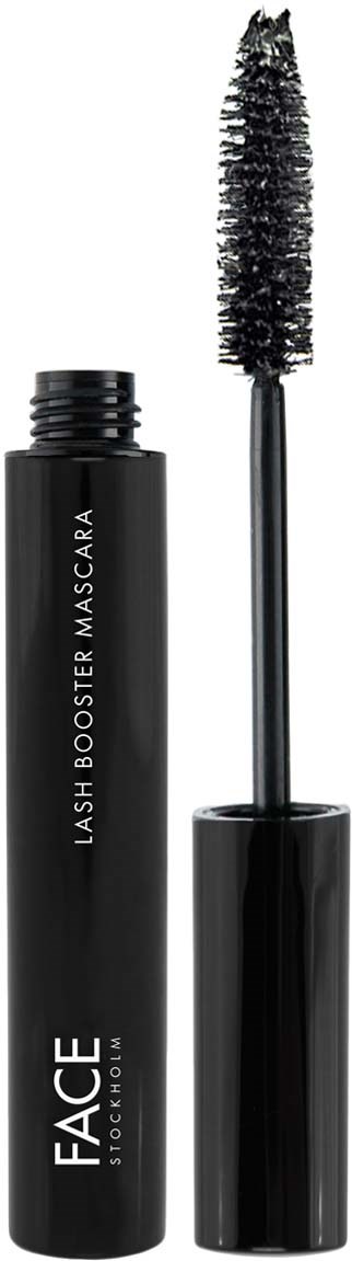 Eine schwarze Tube Mascara mit Bürste. Das Produkt ist mit 'Lash Booster Mascara' und 'FACE Stockholm' beschriftet.