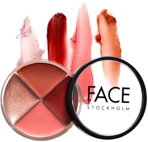 Bunte Lippenstiftproben über einer Gesichtspuderpalette mit Stockholm Face-Logo.