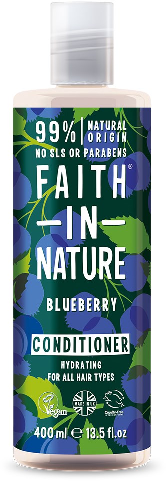 En balsamflaske merket 'Faith in Nature, Blueberry, Hydrating, for alle hårtyper, 400 ml, vegansk, naturlig, uten SLS eller parabener.