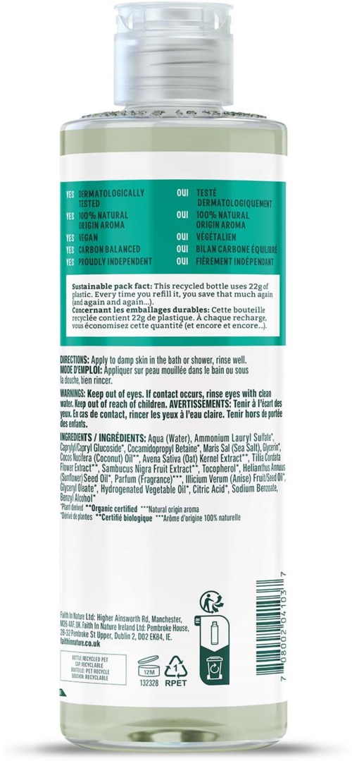 En tydlig, cylindrisk flaska med flipplock och tealfärgad och vit etikett med instruktioner och ingredienser.