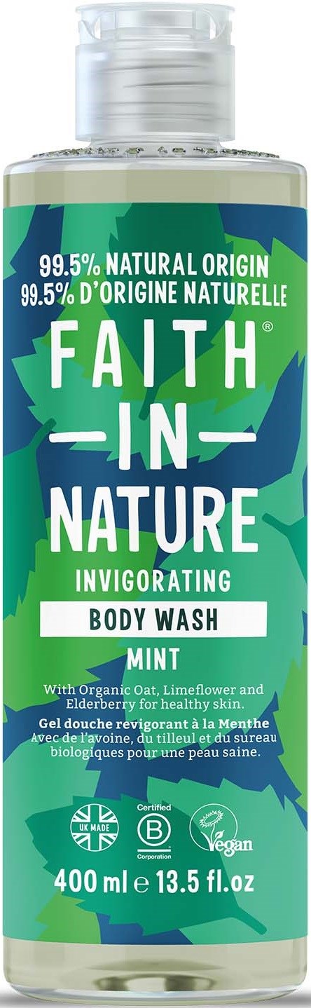 400 ml Faith-in-Nature Mint -kroppopesu, vihreä ja sininen tarra, ekologinen ja vegaani, virkistävä tuoksu.