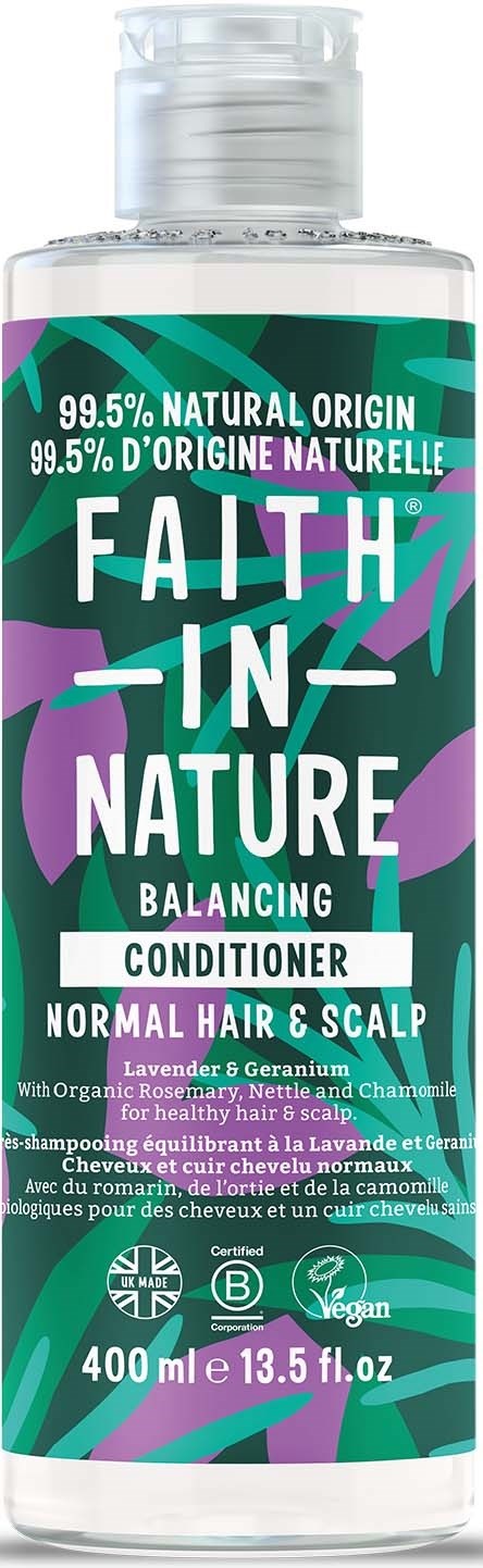 Butelka odżywki 'Faith in Nature' dla włosów normalnych i skóry głowy, z lawendą i geranium, 400 ml.
