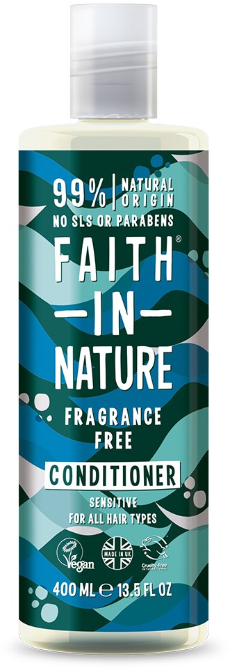 En flaske balsam merket 'Faith in Nature', duftfri, naturlig, 99% ingredienser fra naturlig opprinnelse, egnet for alle hårtyper.