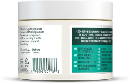 A white jar with a green and white label highlighting coconut oil benefits and eco-friendly features.