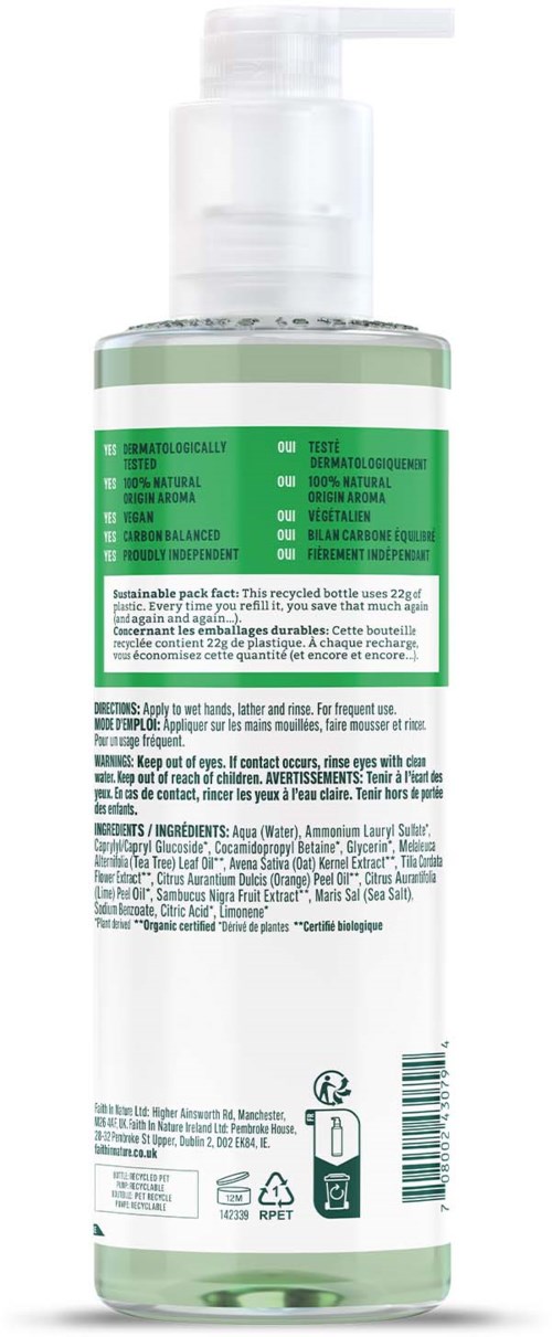 A clear bottle with a pump, green label, and detailed text on the back detailing ingredients and instructions.
