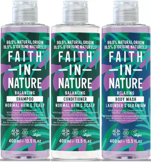 Faith in Nature Bundle Lavender & Geranium Shampoo 400 ml & Conditioner 400 ml & Body Wash 400 ml