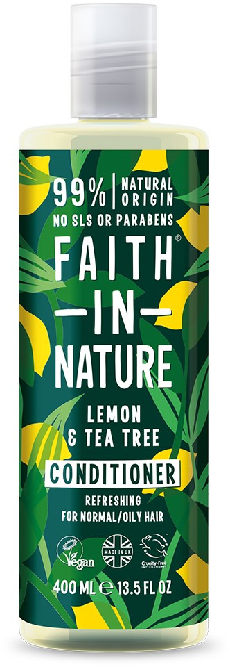 En flaske med balsam merket 'Faith in Nature' med sitron og te tre, grønt bladdesign, 400 ml.
