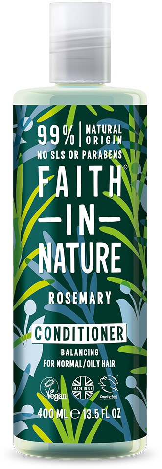 En flaske rosmarinbalsam med grønt og blå bladerdesign, hevder 99% naturlig, uten SLS eller parabener, vegansk.