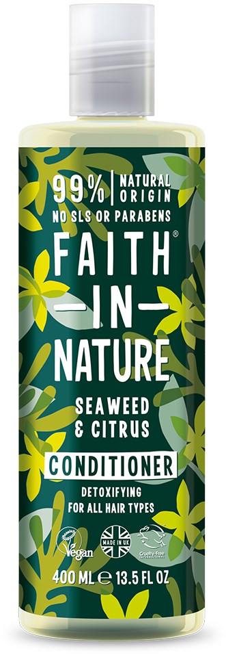En flaske balsam merket 'Faith in Nature' med sjøbunn og sitrusduft, naturlige ingredienser, vegansk, 400 ml.