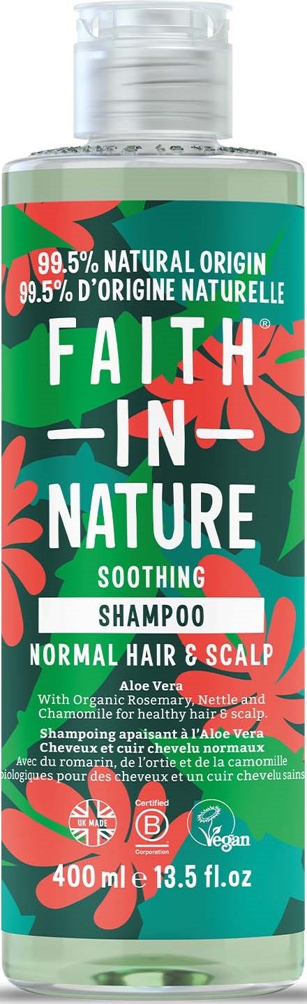 En grön flaska med röda blad, märkt 'Faith in Nature Soothing Shampoo' för normalt hår och hårbotten.