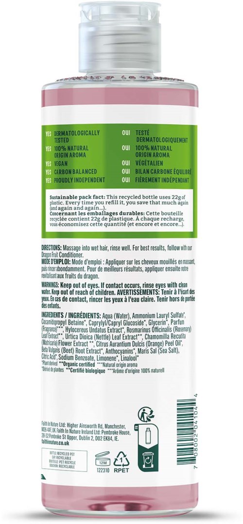 Pink och vit flaska med grön text, innehåller en hudvårdsprodukt, med instruktioner och ingredienser listade.