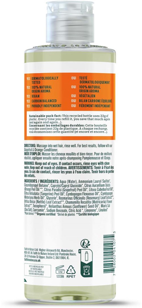 En klar flaska med en etikett, innehållande en hudvårds- eller kosmetikprodukt. Etiketten är orange och vit med text.