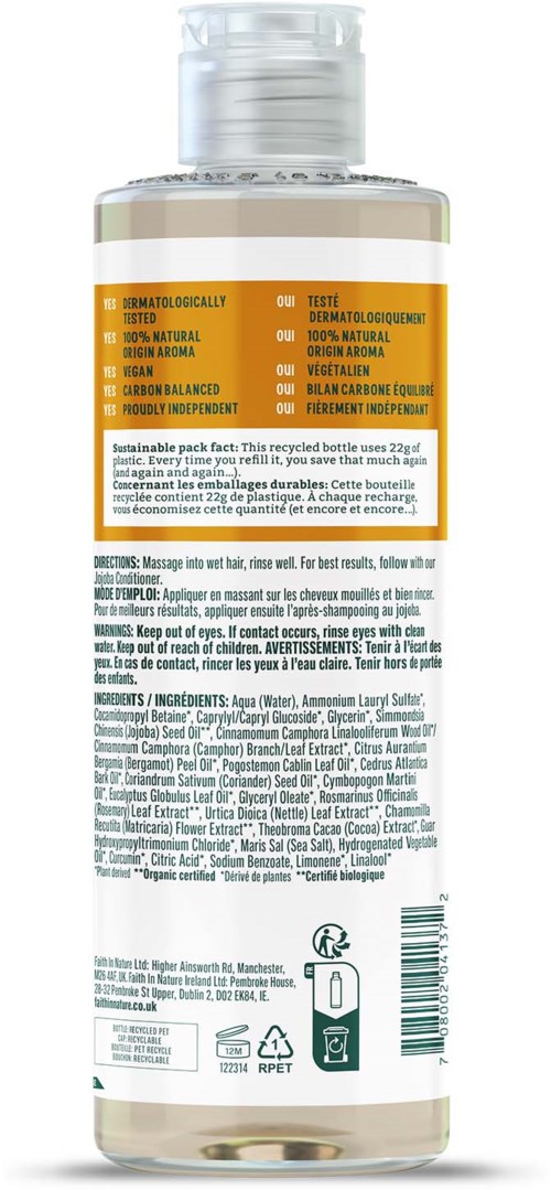 En tydlig flaska med vit kork, orange och vit etikett och detaljerad text om ingredienser och instruktioner.