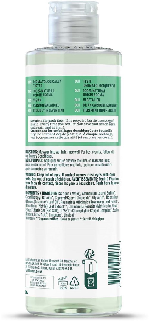 En klar flaska med en grön- och vitetikett innehåller en hudvårdsprodukt. Instruktioner och ingredienser finns på baksidan.