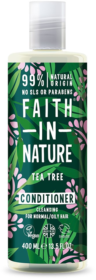 En flaske med tea tree balsam med grønn blomsterdesign, fremhever naturlige ingredienser, vegansk og uten skadelige kjemikalier.