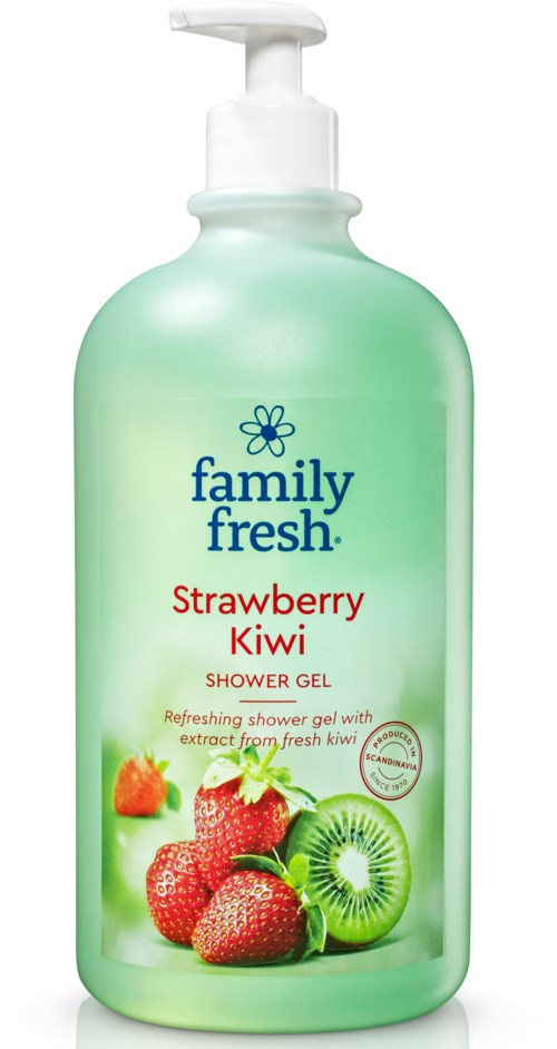 Grön flaska med strawberry kiwi duschgel med fruktbilder och varumärkesnamn.